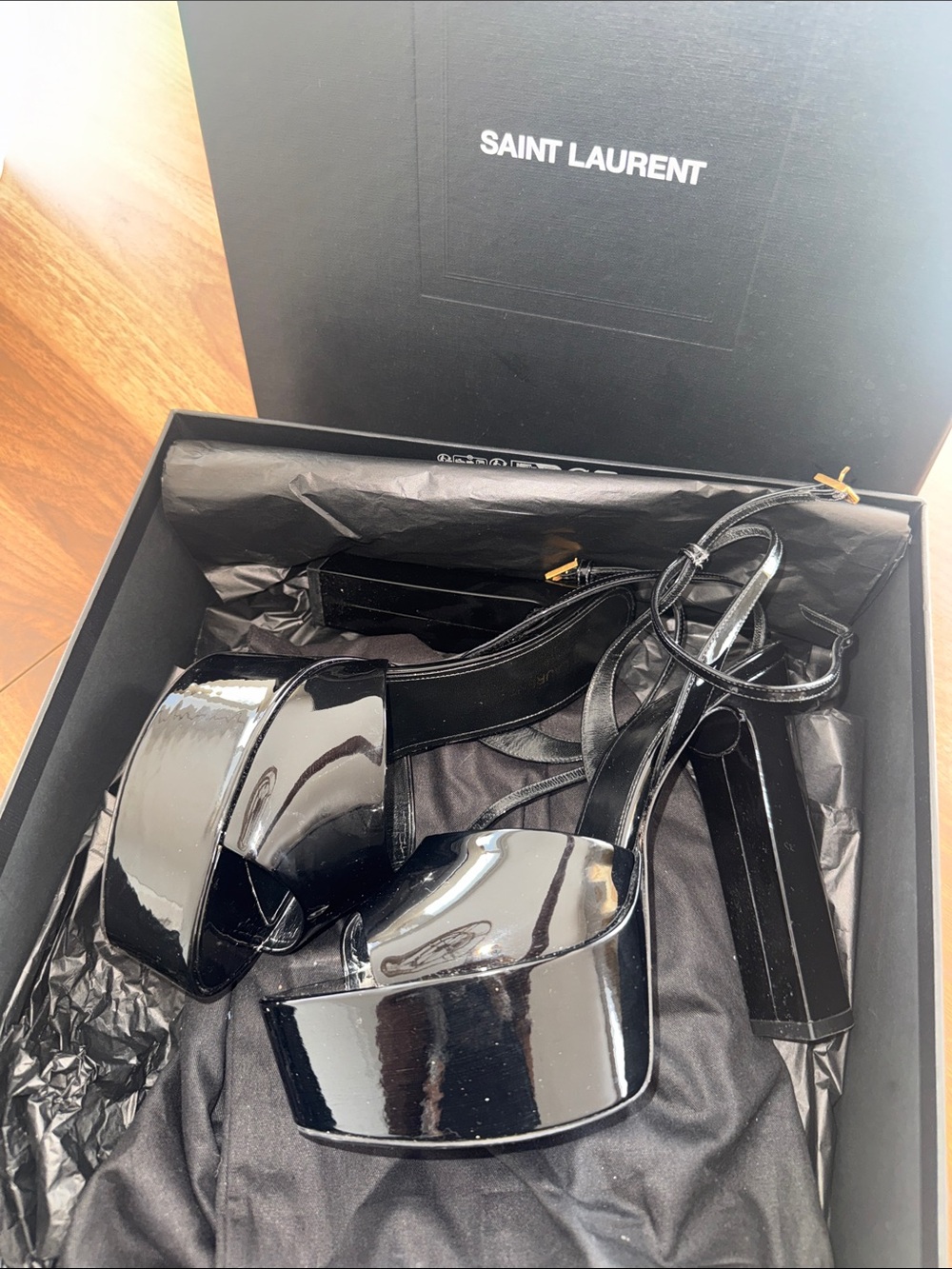 Saint Laurent Glossy Black Patent Platform Heels with Ankle Tie